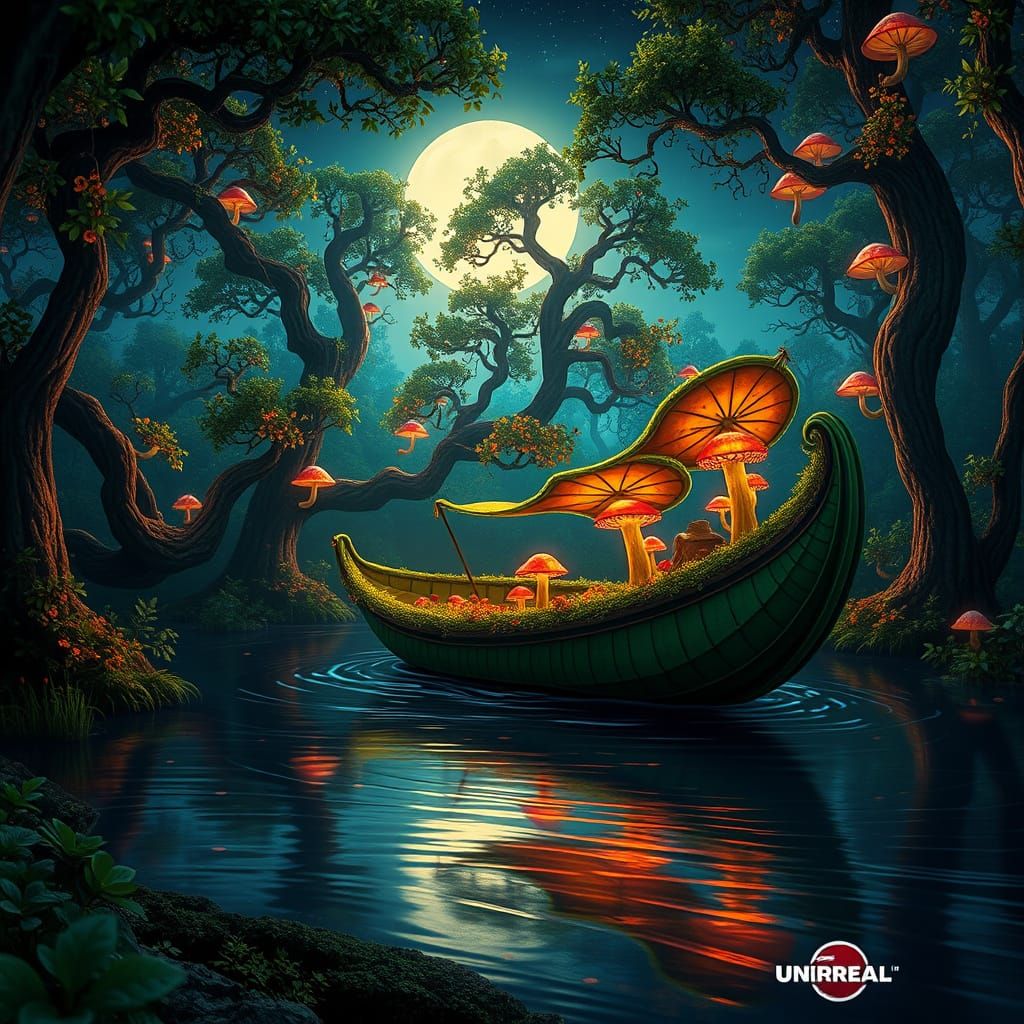 Mystical Leaf Boat Glides Through Moonlit Forest River at Ni...