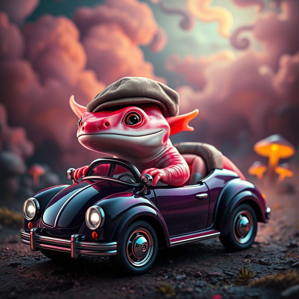 Axolotl in a Miniature Toy Car with a Rustic Bowling Cap