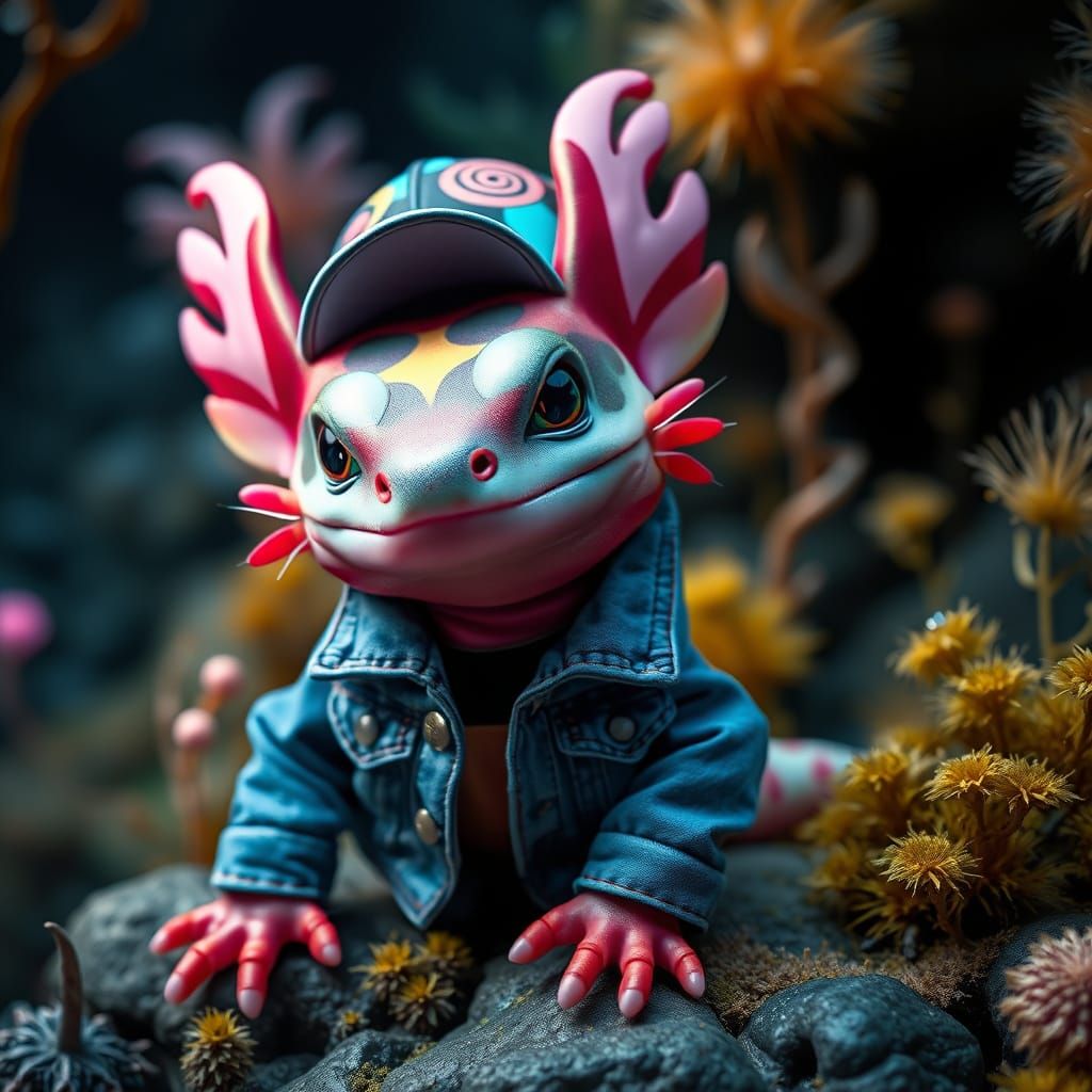 Axolotl in Retro Bowling Cap, Glowing Aquatic Plants