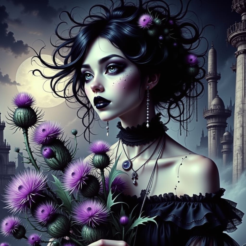 Gothic Woman with Thistles in Mystical Landscape