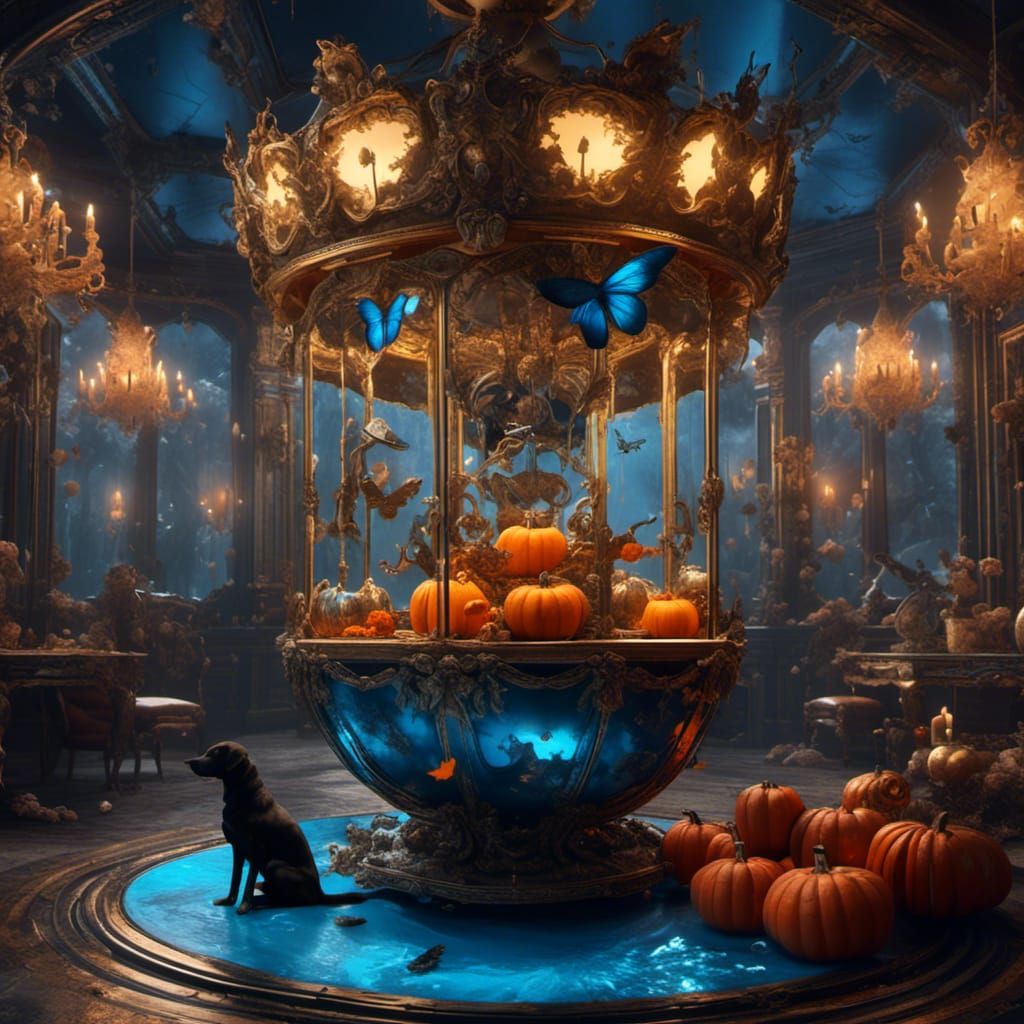 Surreal Dark Fantasy Carousel with Animals and Cinderella