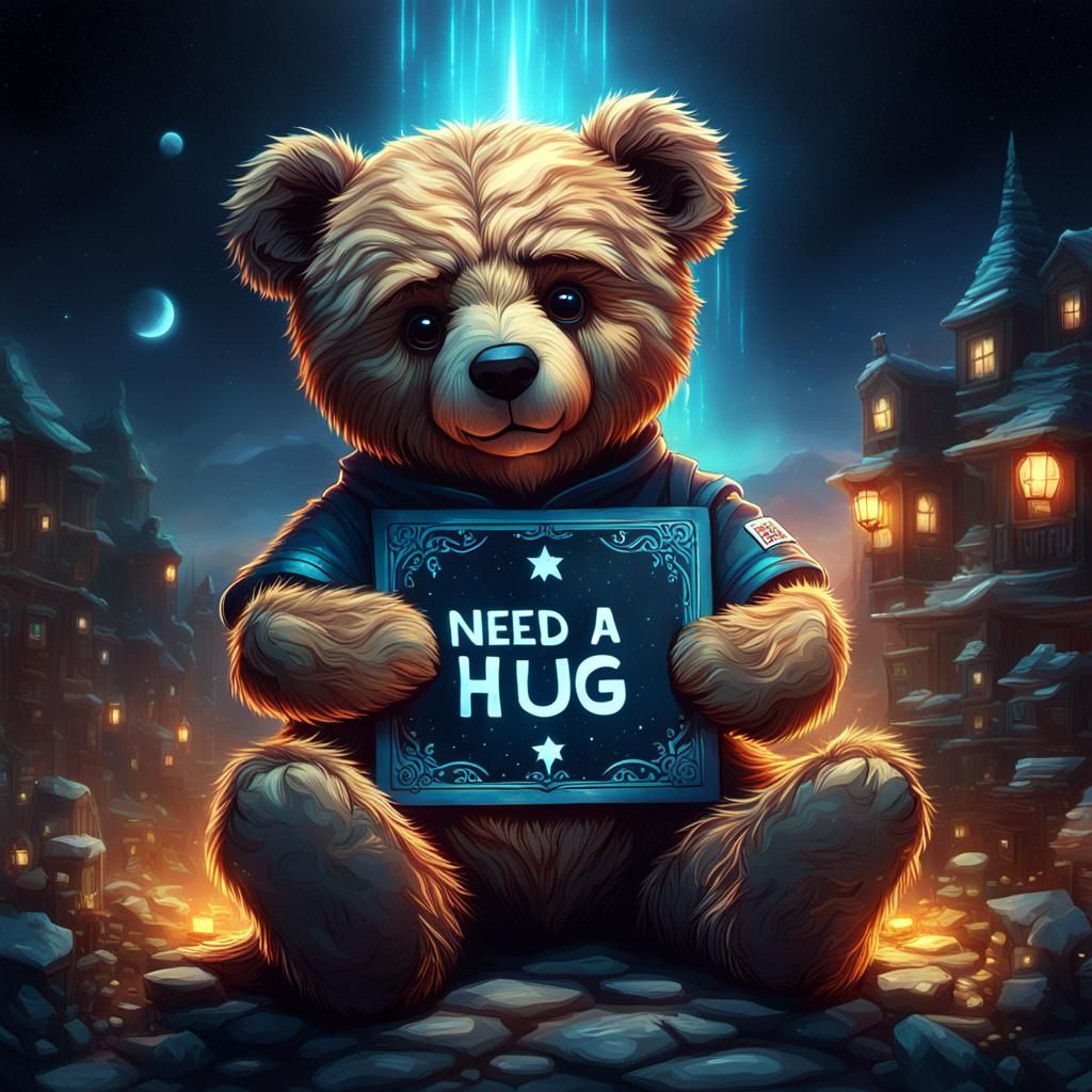 Sad Teddy Bear with Sign in Pablo Amaringo Style