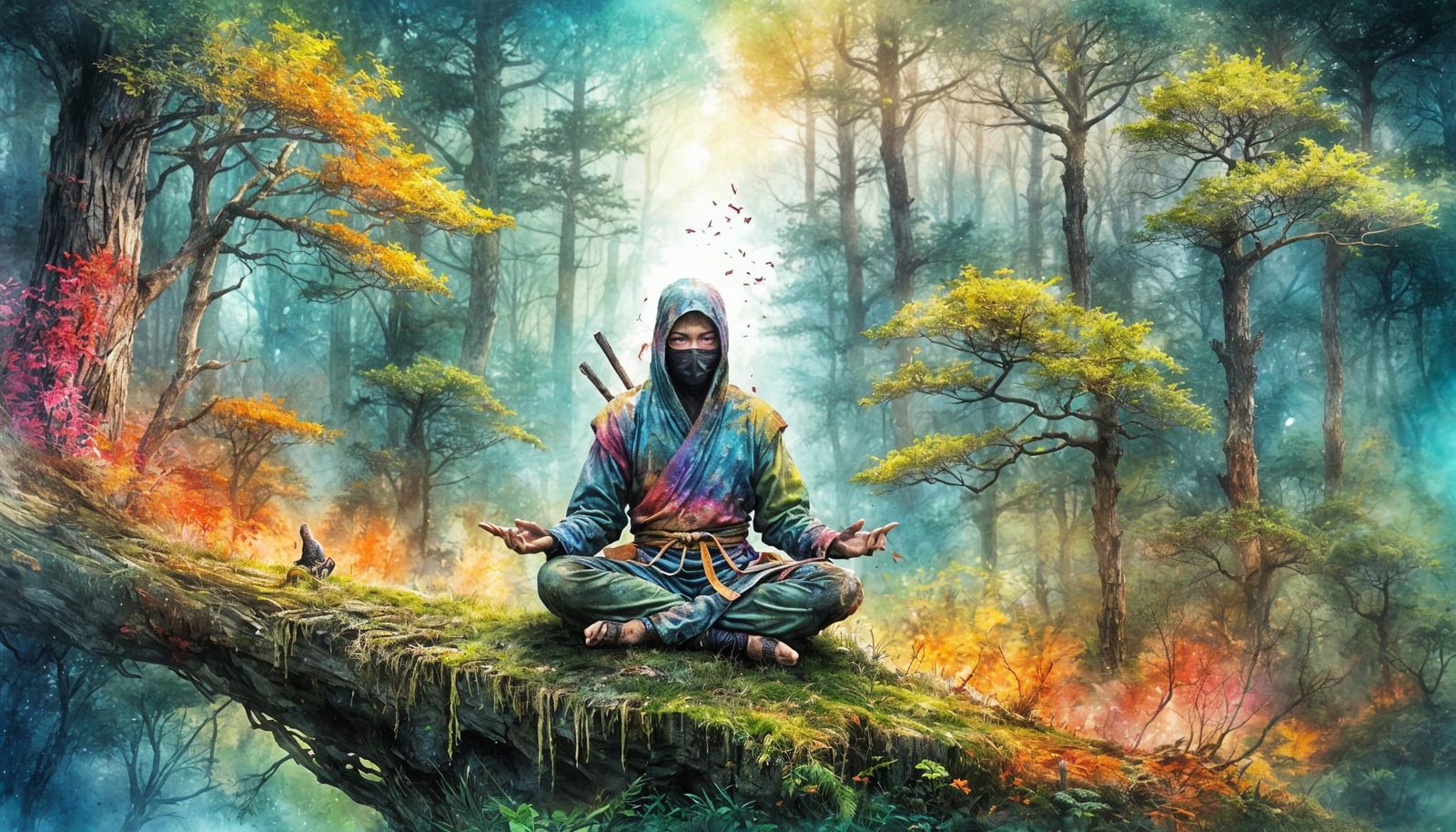 Ninja Meditating in Mossy Forest, Surreal Watercolor Art