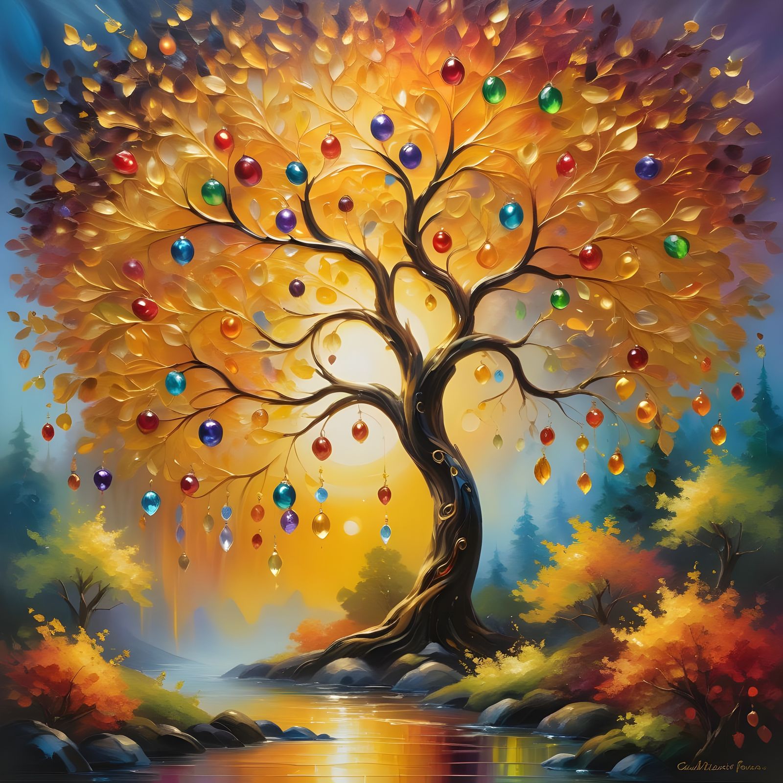 Gemstone Tree in Dreamlike Forest Oil Painting