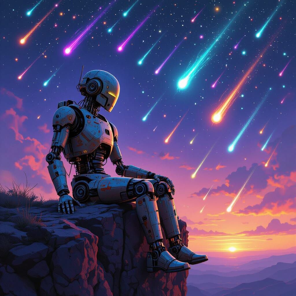 Robot Watches Meteor Shower in Retro-Futuristic Style
