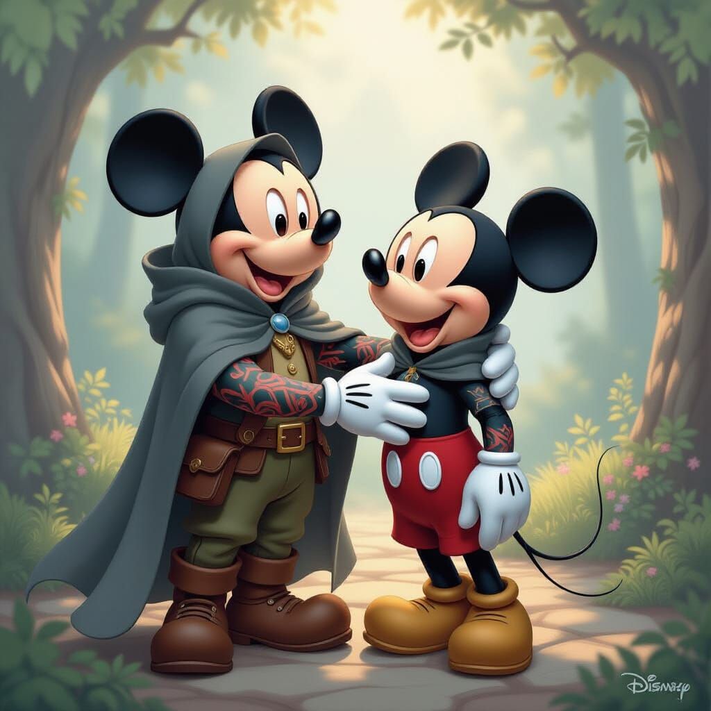 Anthropomorphic Mouse Greets Mickey Mouse in Fantasy Glow
