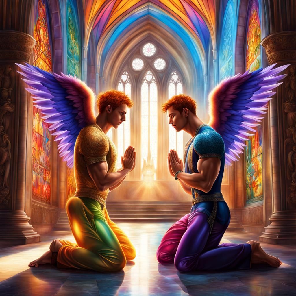 Hyperreal Angels Praying in Translucent Cathedral