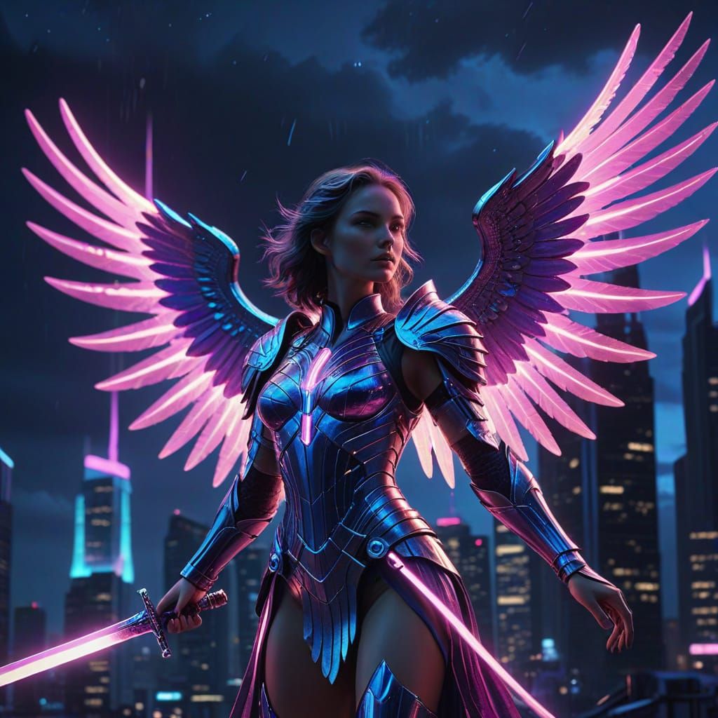 Elegant Angel Warrior in Synthwave Neon City