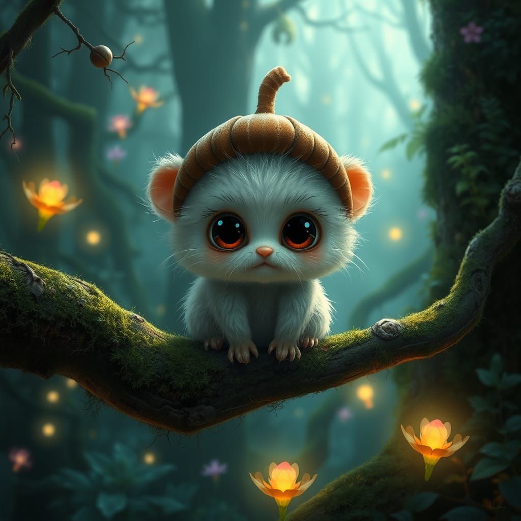 Cute Creature in Enchanted Forest as Hyperrealistic Illustra...