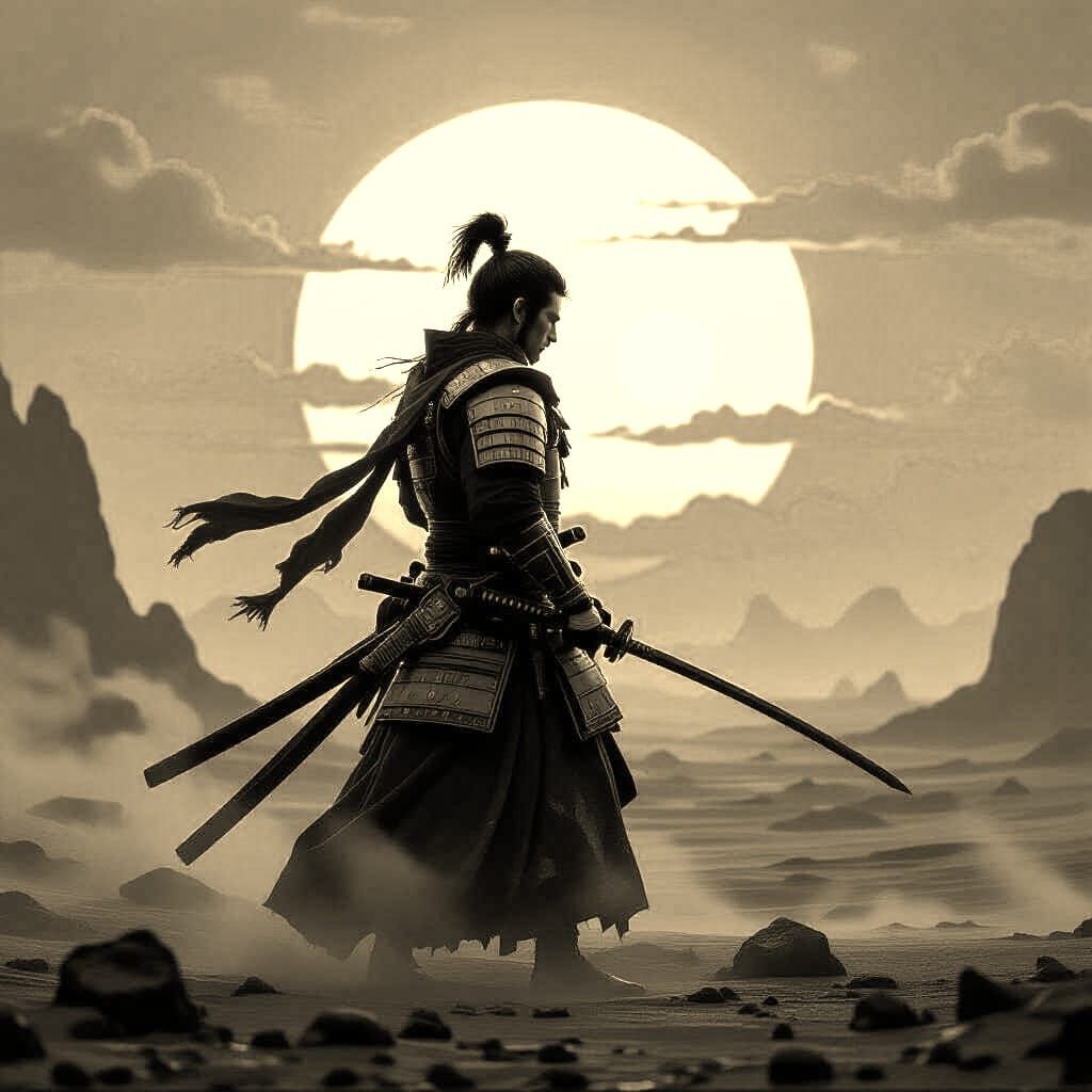 Samurai Warrior Under Alien Sunset, Cosmic Horror Style