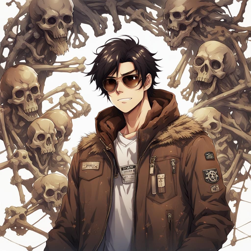 Anime Style Man with Bone Wreath and Aviator Jacket