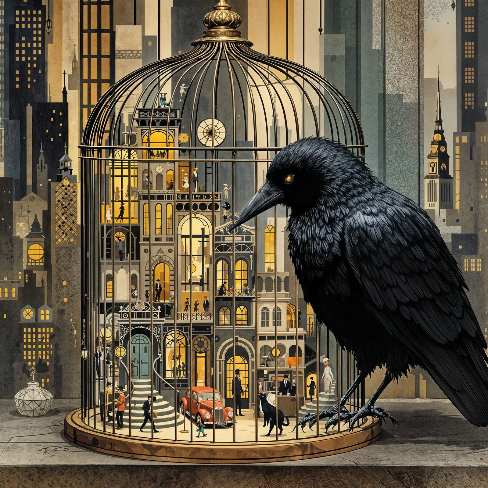 Miniature Manhattan in Birdcage Watched by Raven