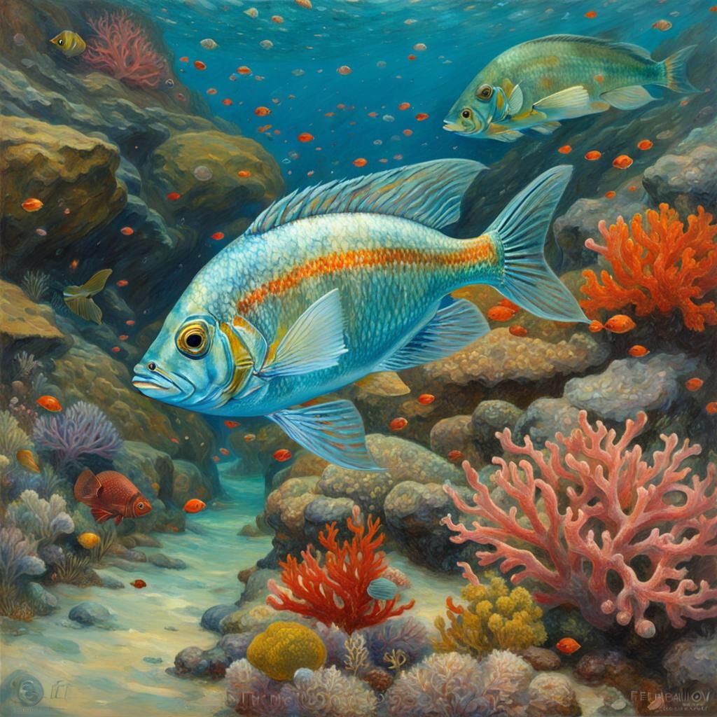 Jewel Fish Swimming Near Coral Reef in Oil Painting Style