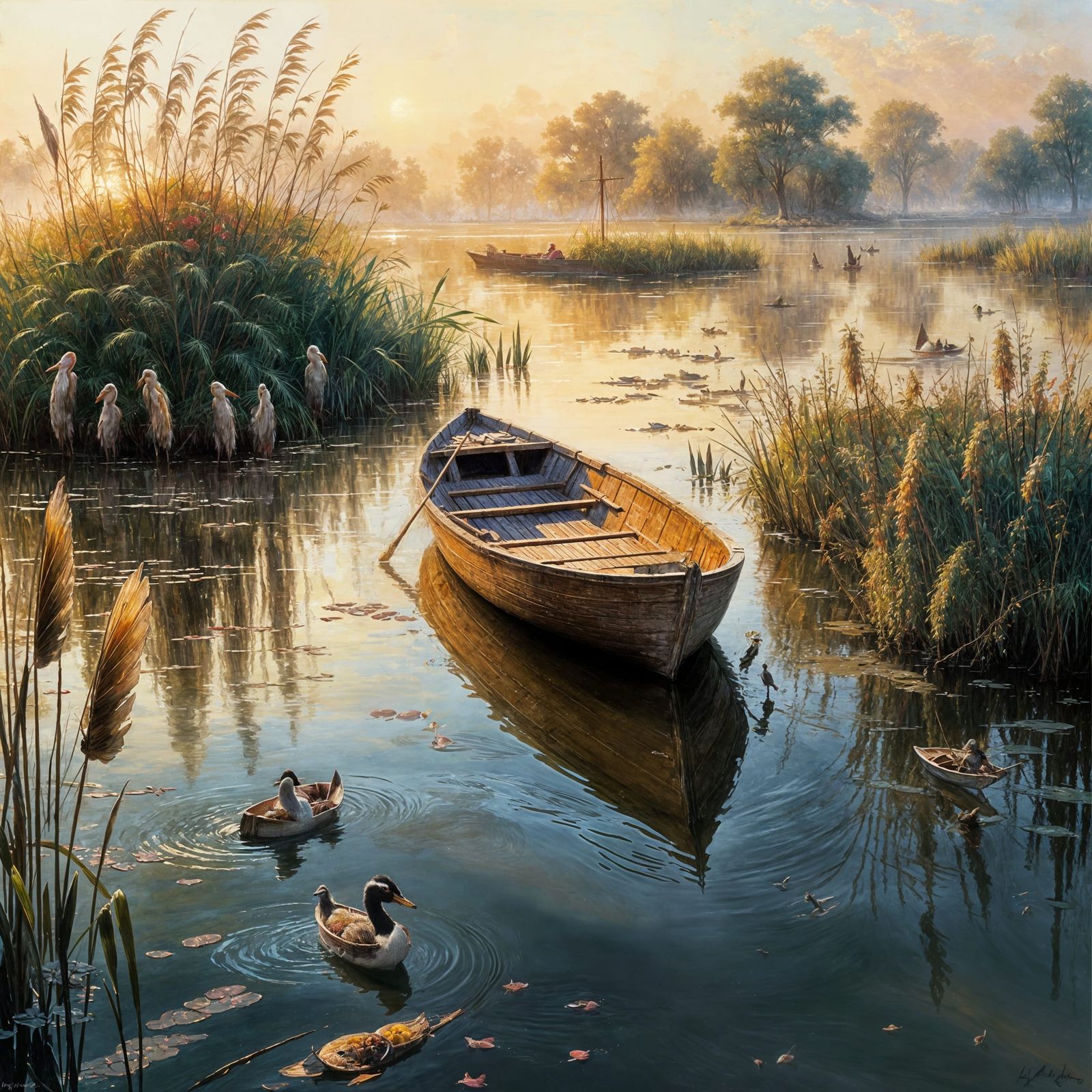une barque sur un étang maraicageux avec des roseaux et des canards warm colors volumetric lighting Pino Daeni