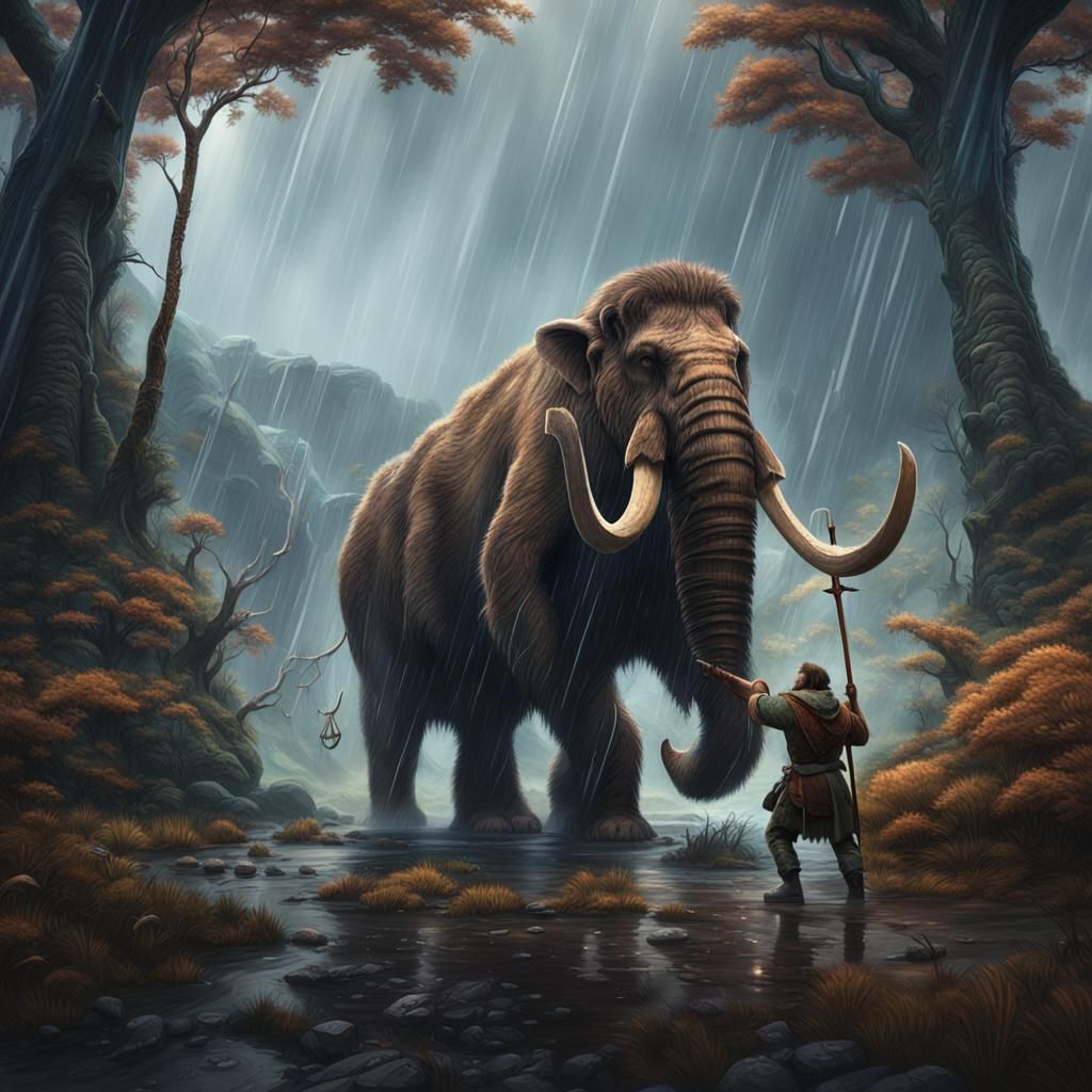 Prehistoric Man Hunting Mammoth on Rainy Day
