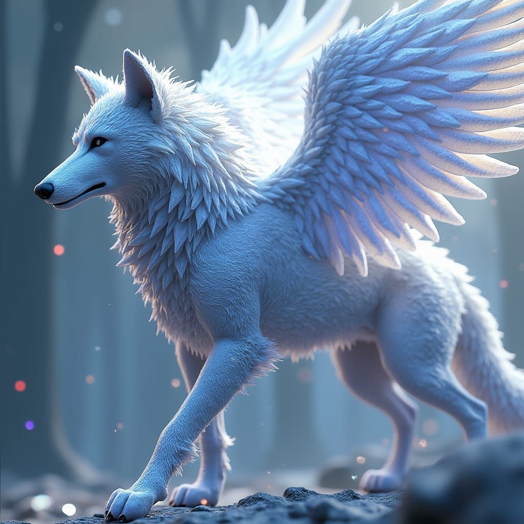 Winged Silver Wolf in Diamond Mosaic Style