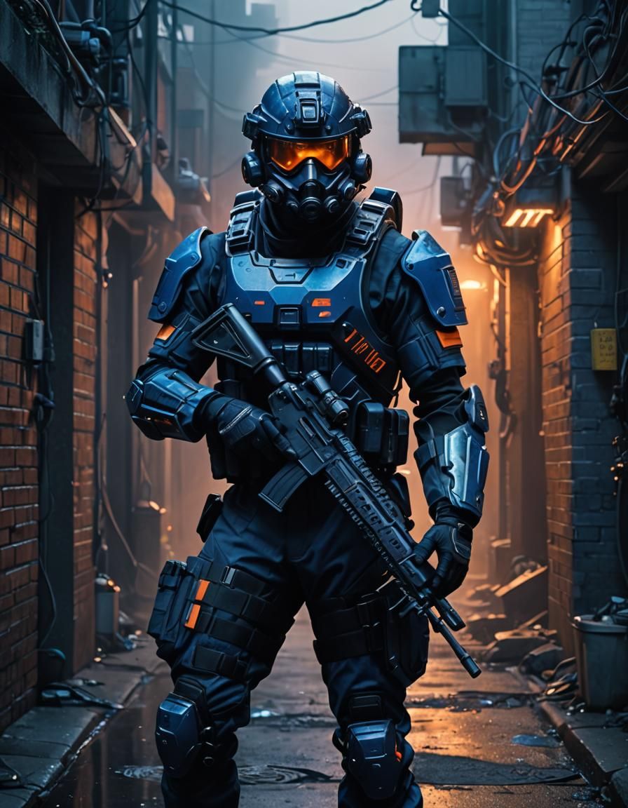Ultra-Realistic Science Fiction Soldier in Intense Urban Set...