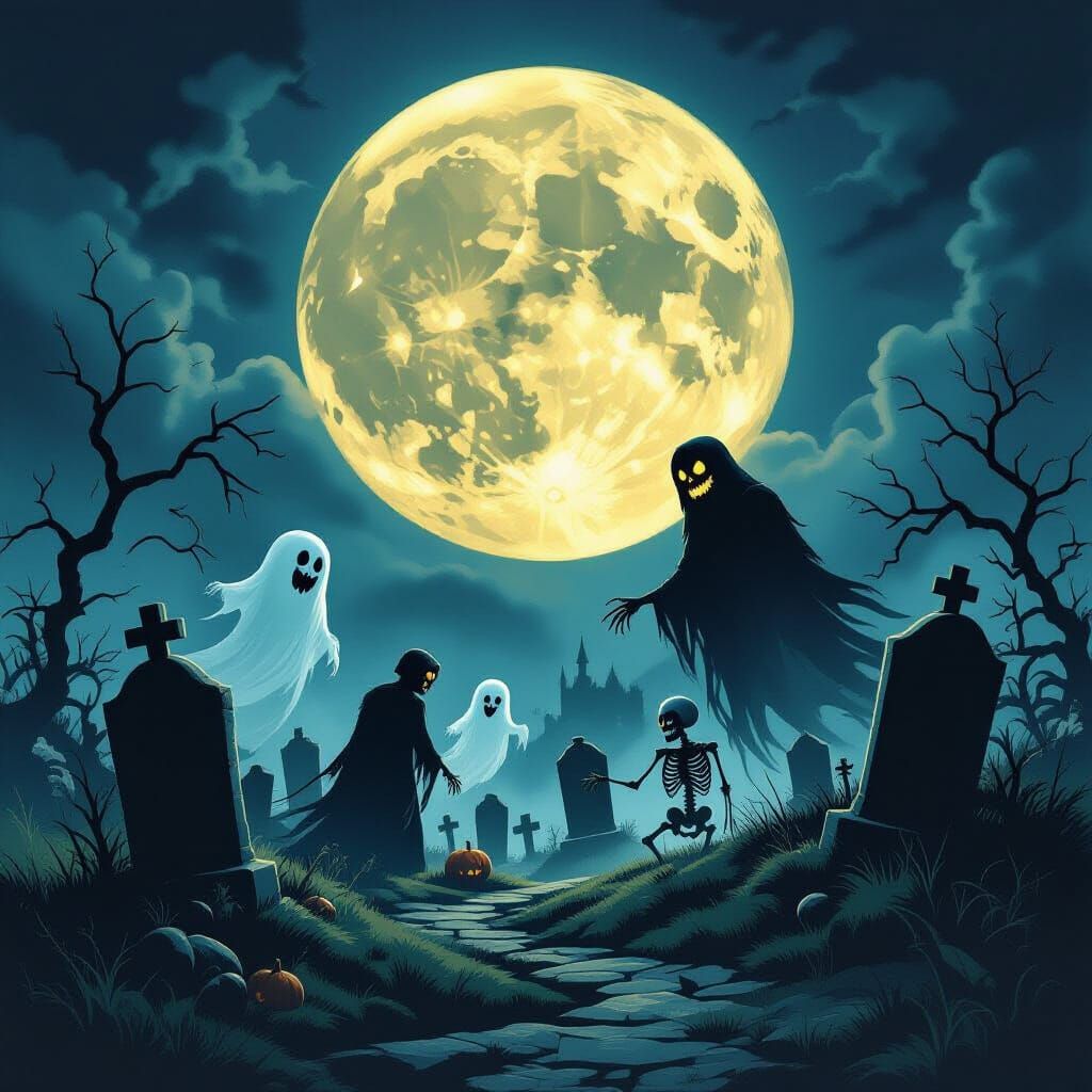 Spooky Halloween Night with Ghosts, Skeletons, and Full Moon