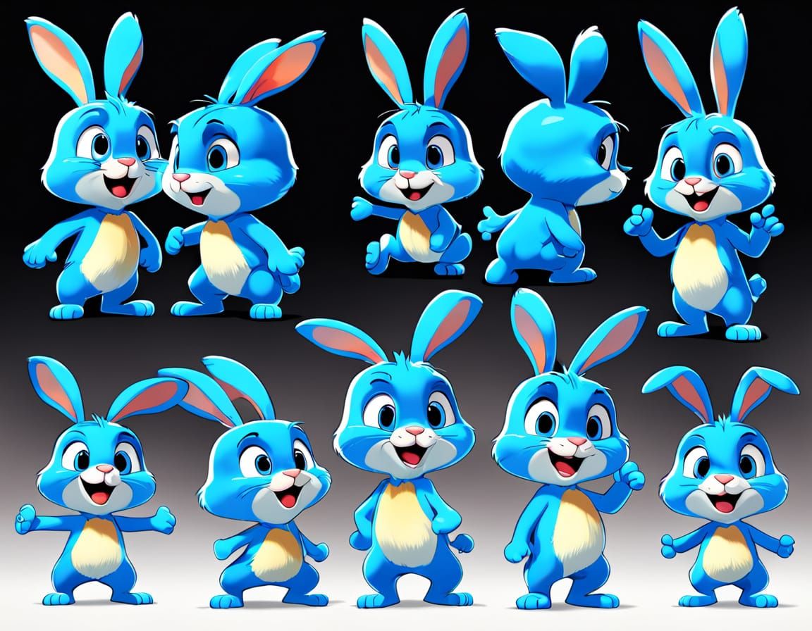 Cartoon Blue Rabbit Character Sheet in Warner Bros Style