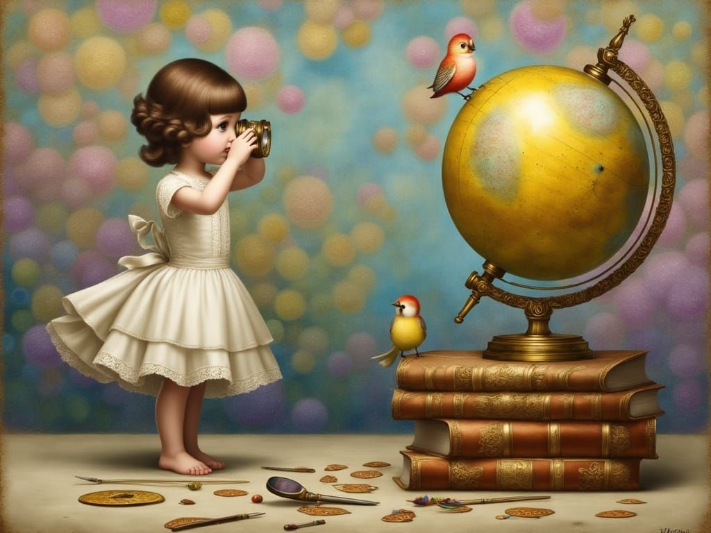 Whimsical Girl in Flowing White Dress with Vintage Binocular...