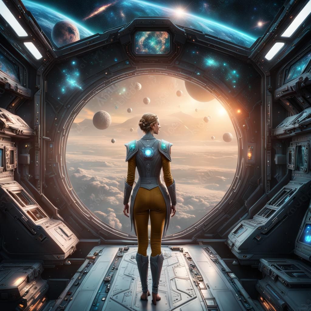 Elven Navigator with Galaxy Hologram, Digital Matte Painting