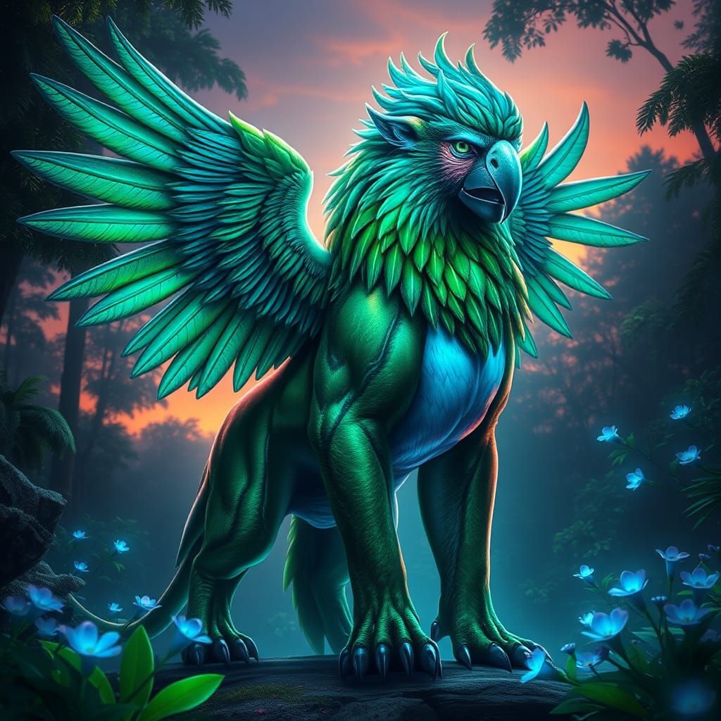 Majestic Lion-Parrot Hybrid in Enchanted Forest