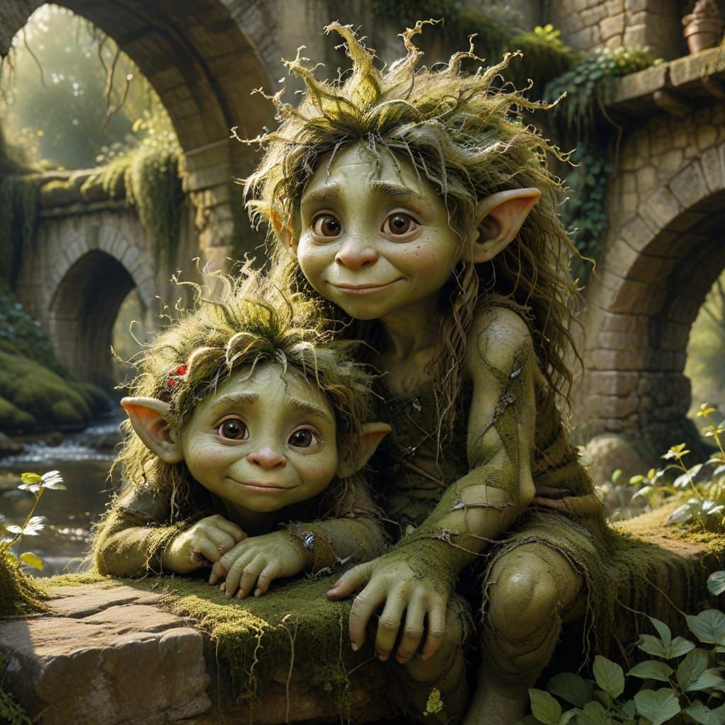 Moss Troll Peeking Under Bridge, Oil Painting