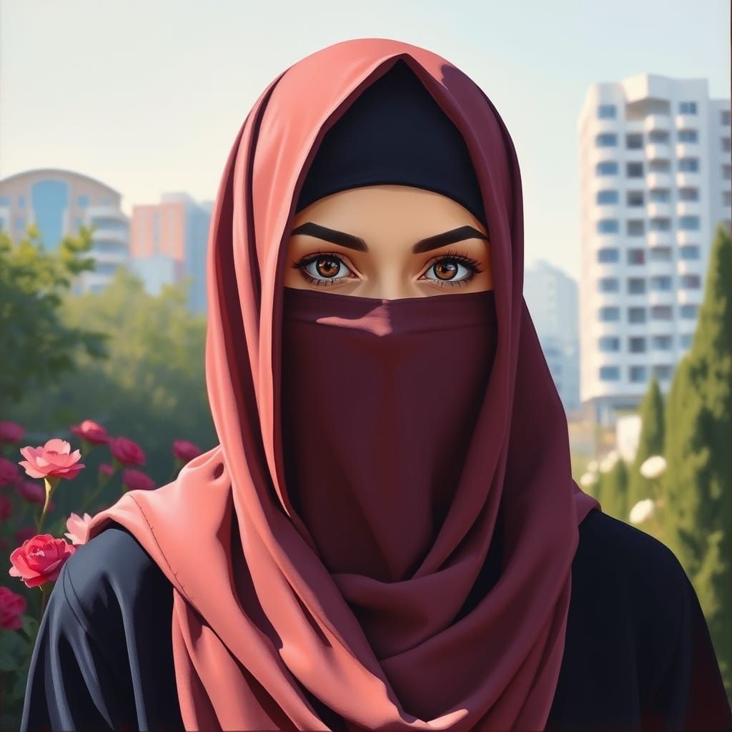 Minimalist Painting of a Modestly Dressed Niqabi Woman