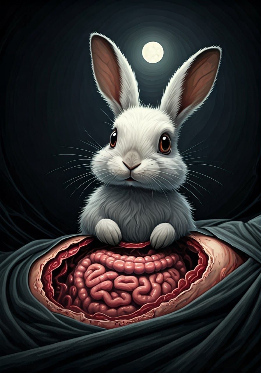 Mischievous Rabbit Feast: A Dark Surreal Image