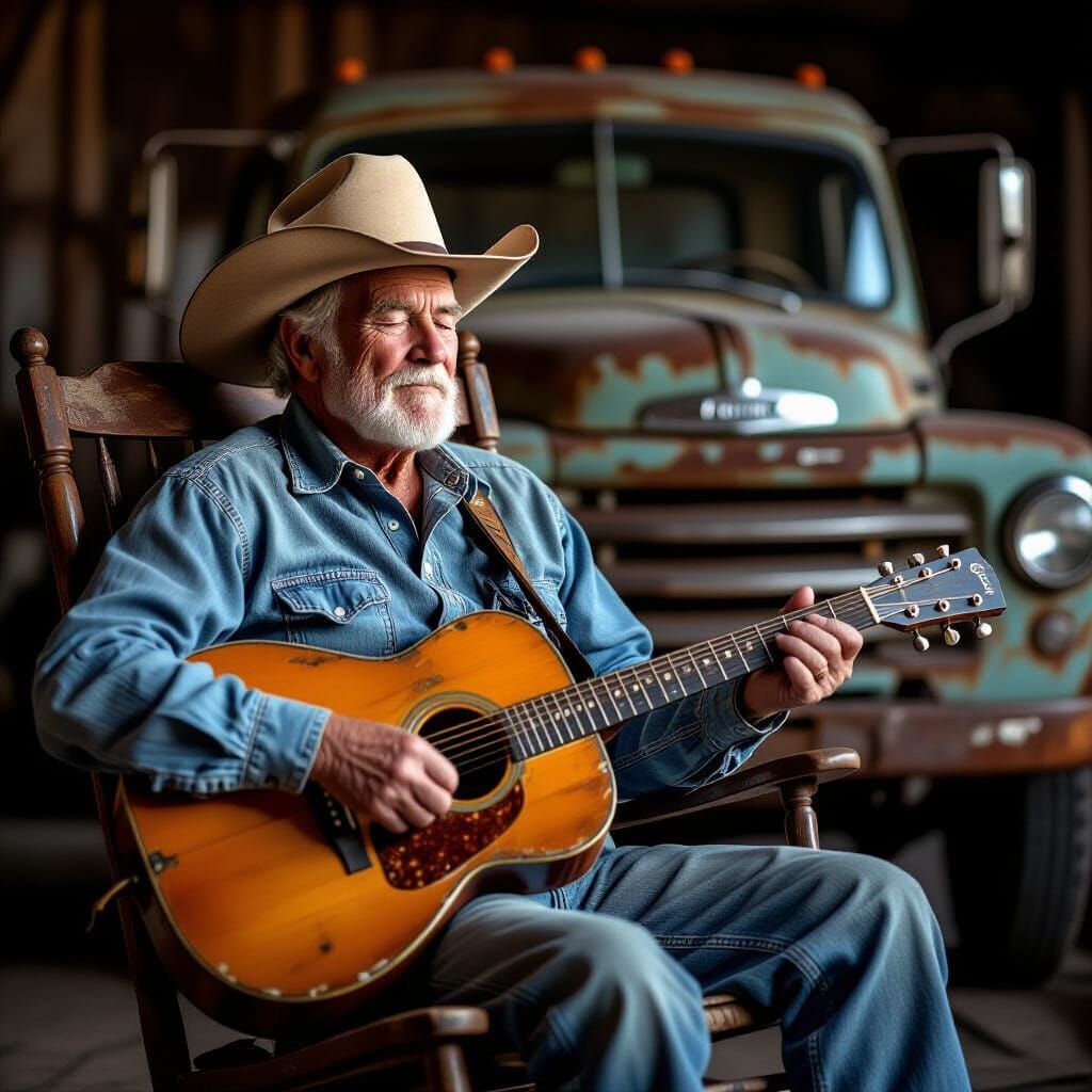 Weathered Cowboy with Vintage Truck, Studio Portrait