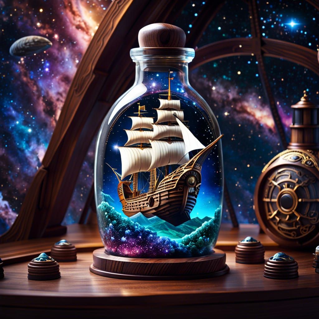 Pirate Ship in a Bottle Against Galaxy Sky