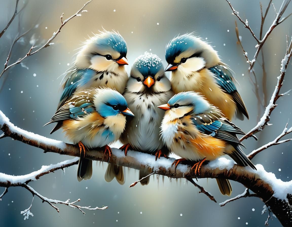 Fluffy Birds in Winter Snow, Fantasy Art