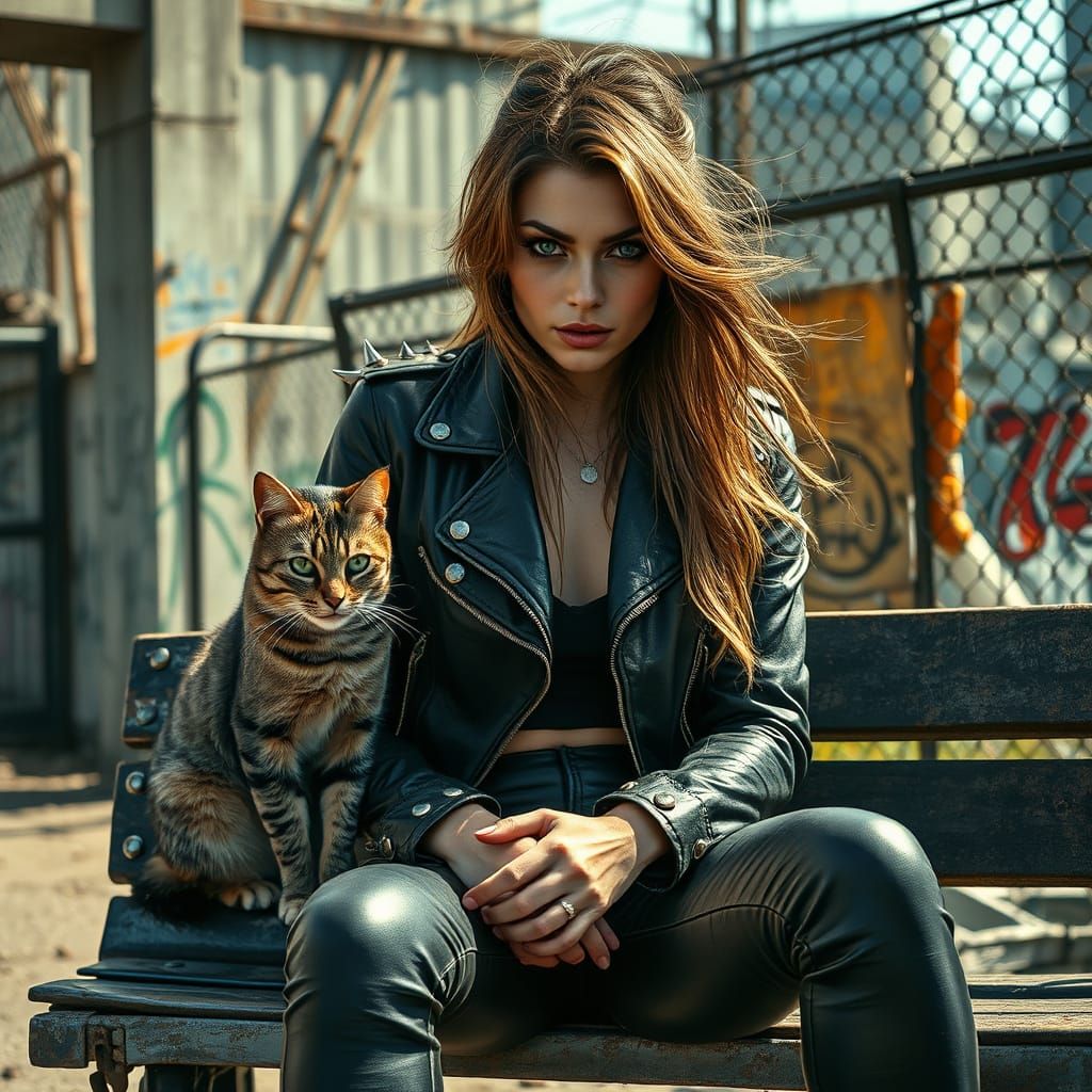 Gritty Dystopian Woman in Leather Jacket Sits with Tabby Cat...