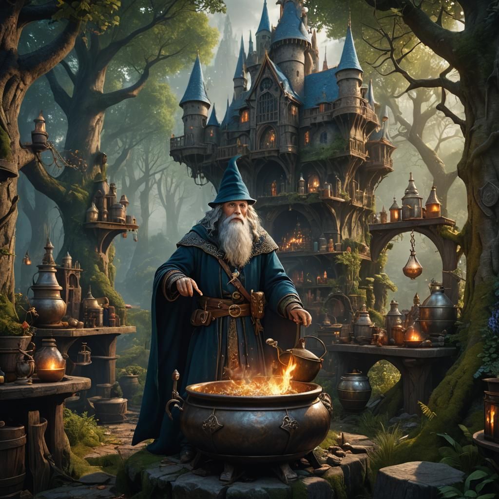 Handsome Merlin in Enchanted Forest, Matte Painting