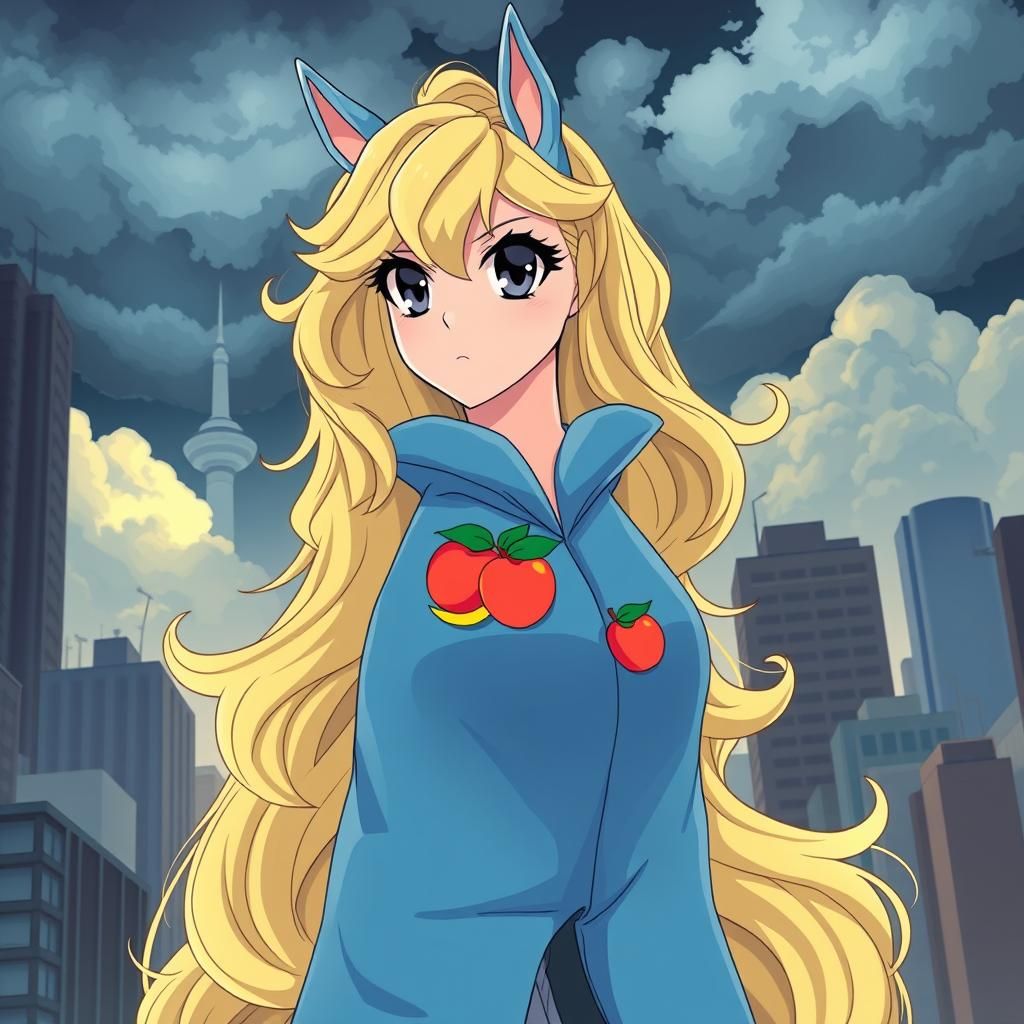 This unicorn is female with dark gray eyes, a sky blue coat, and a wavy pastel yellow mane. Her symbol is four peaches....