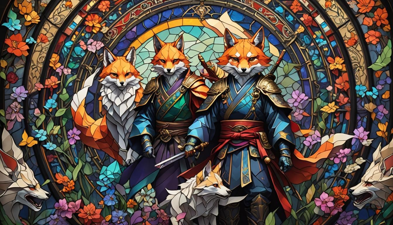 Samurai Kitsune Origami Art Nouveau Stained Glass