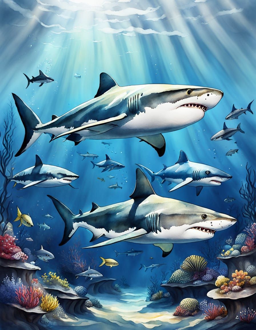 Underwater Sharks in Watercolor Style