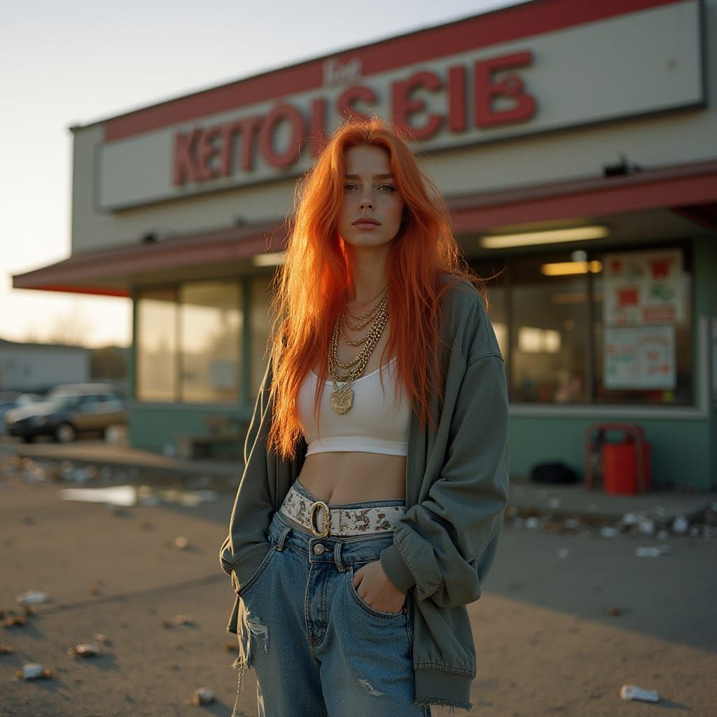 Hip Hop Fashion Portrait Outside Rundown Diner