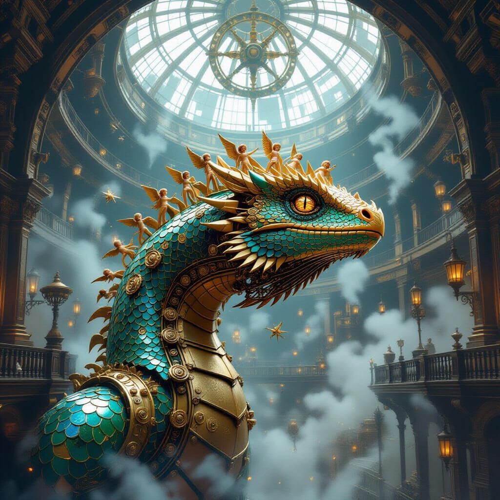 Gilded Clockwork Basilisk with Orbiting Cherubs