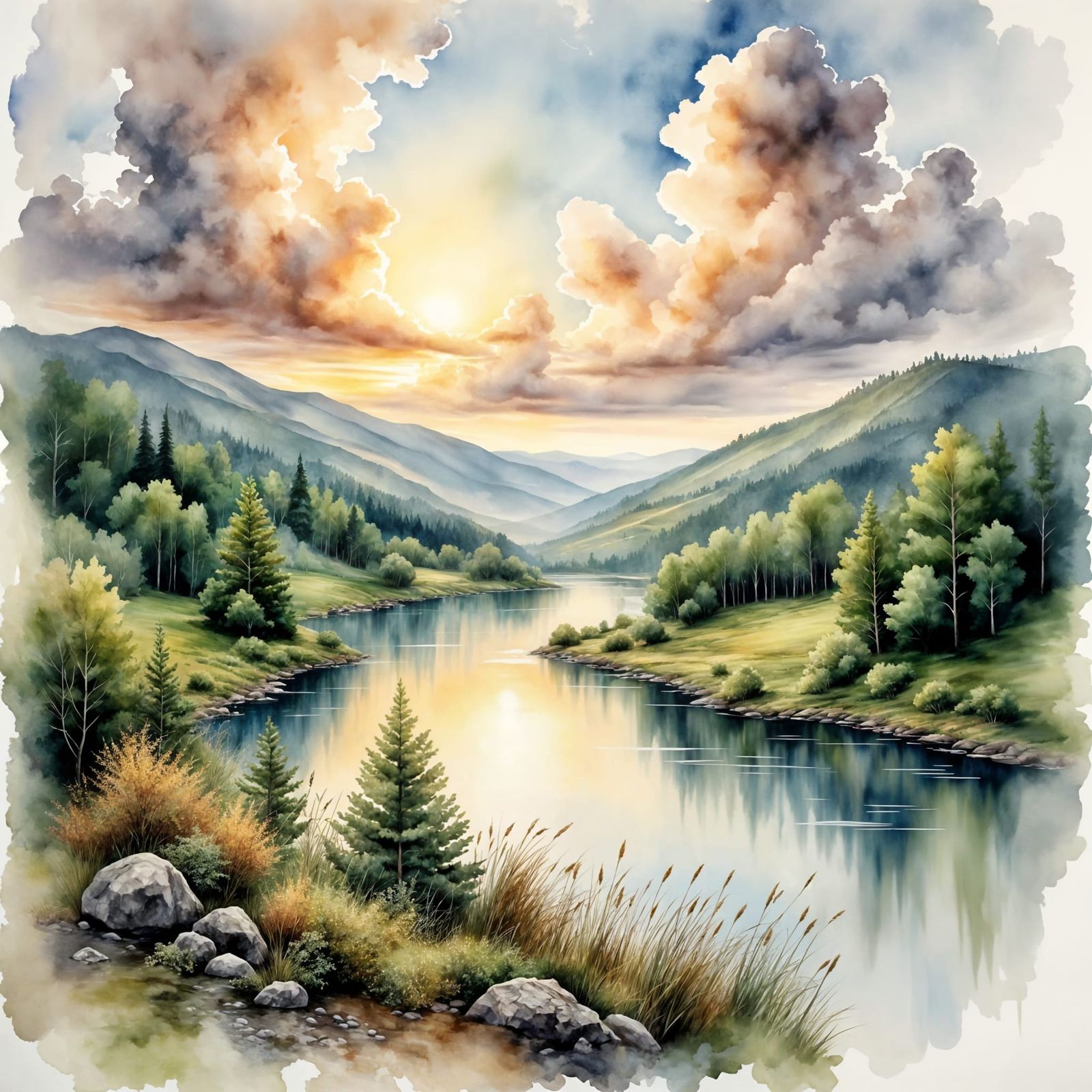 Serene Watercolor Landscape of a Winding River