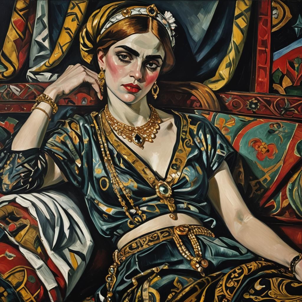 Expressionist Odalisque Portrait in Opulent Setting
