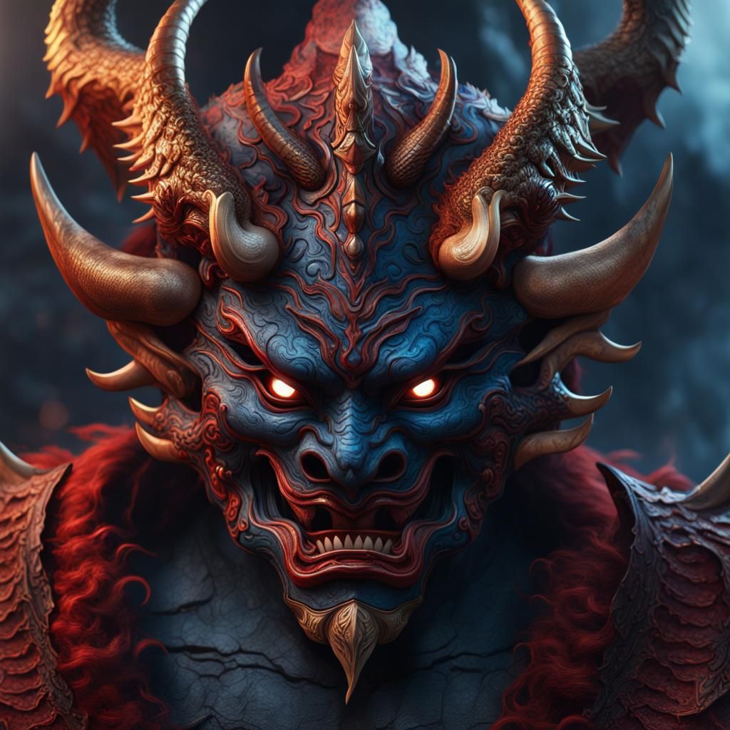 Oni Mask and Dragon: Detailed Fantasy Art