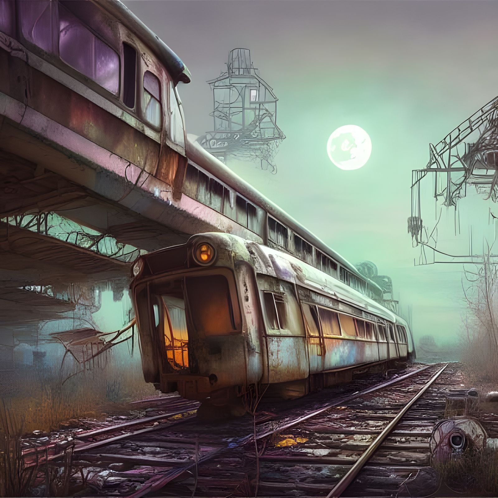 Post-Apocalyptic Train in Moonlight: Digital Pastel Illustra...
