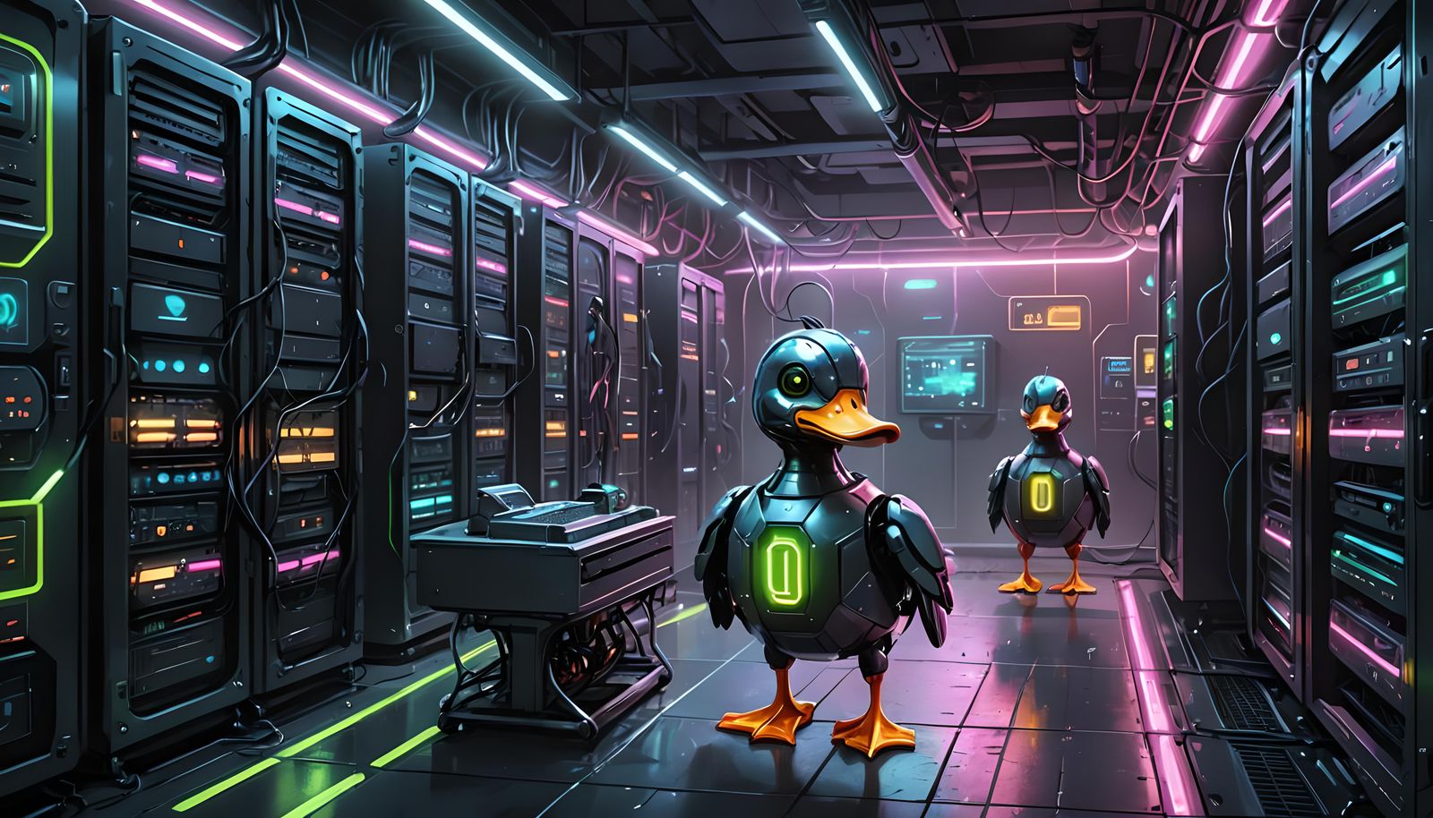 Robot Ducks Manage Cyberpunk Data Center