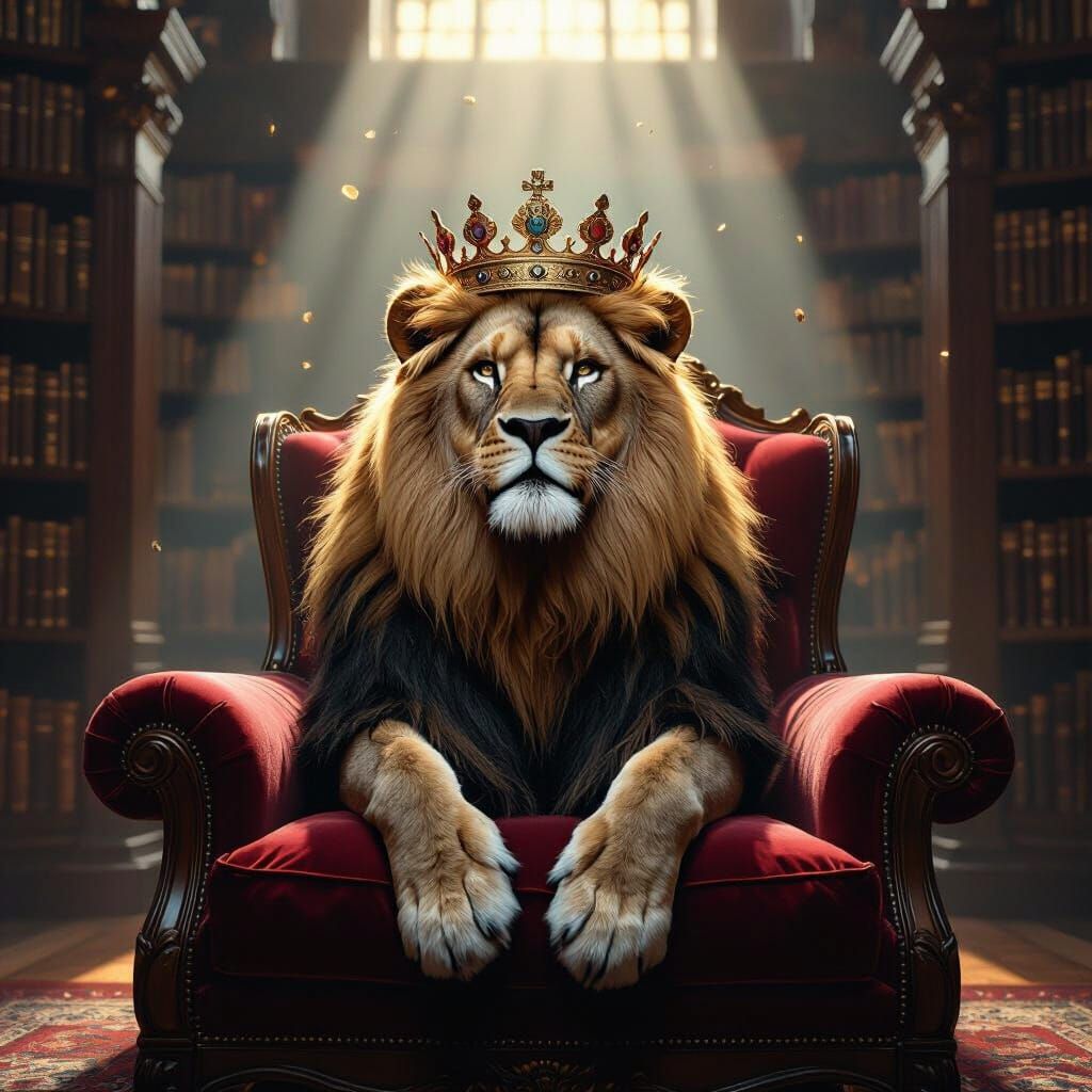 Majestic Lion King in Opulent Library, Digital Etching Style
