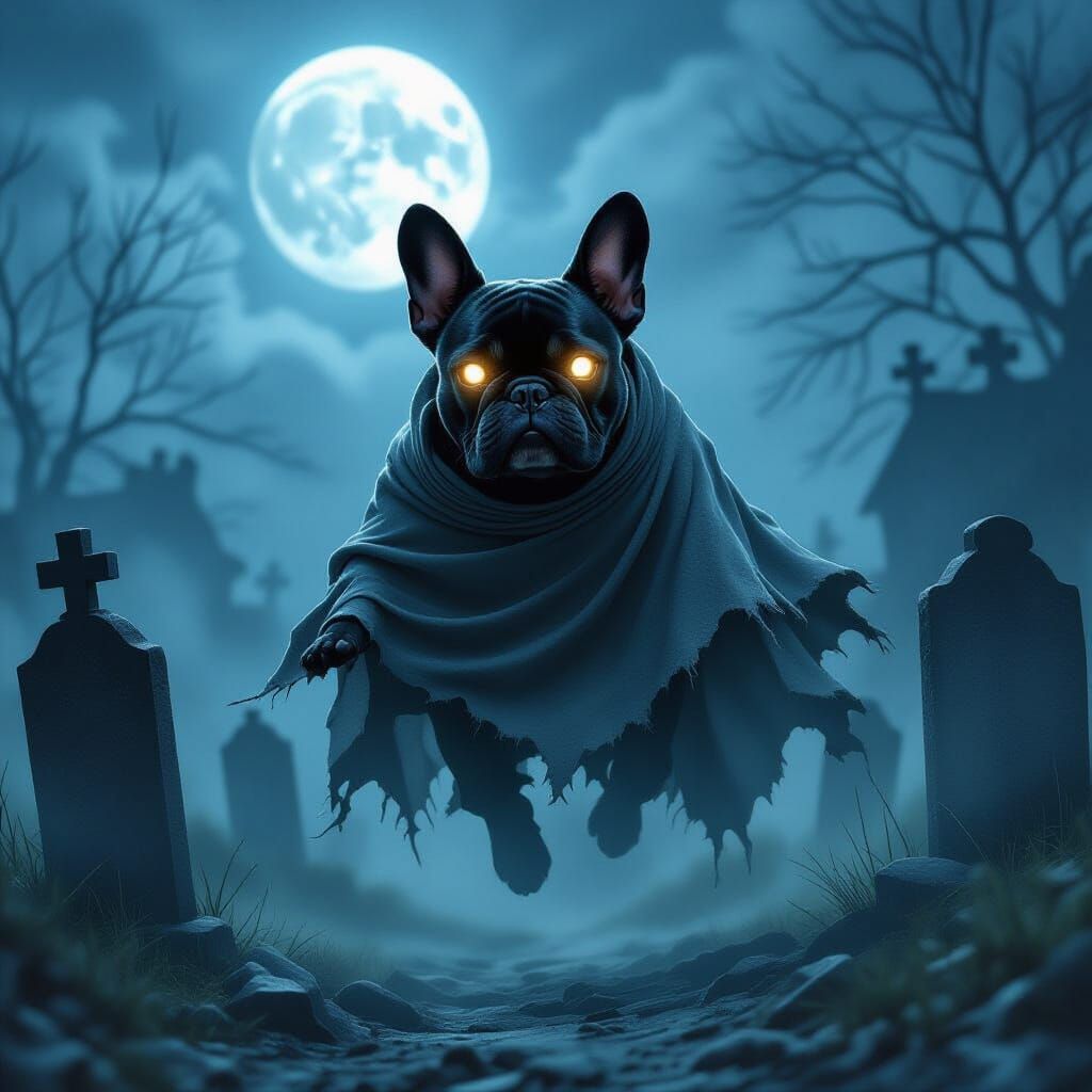 French Bulldog Ghost Haunts Foggy Graveyard Under Full Moon