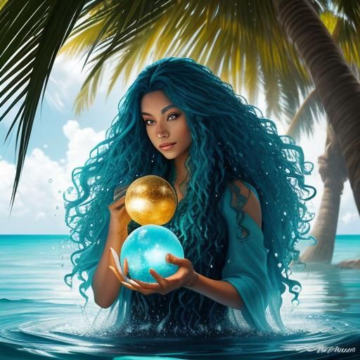 Woman Cradles Orb of Water in Tropical Oasis