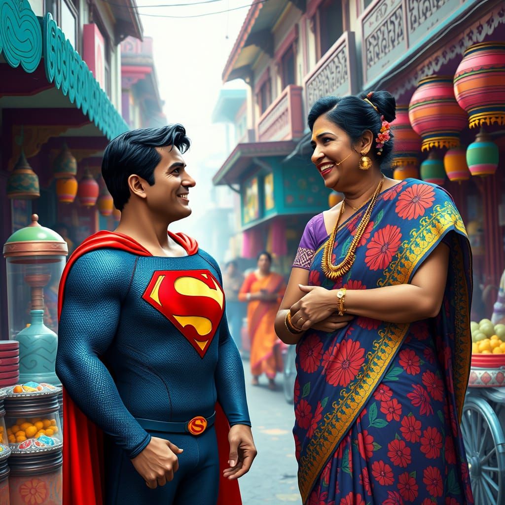 Superman in a Whimsical Indian Street Scene