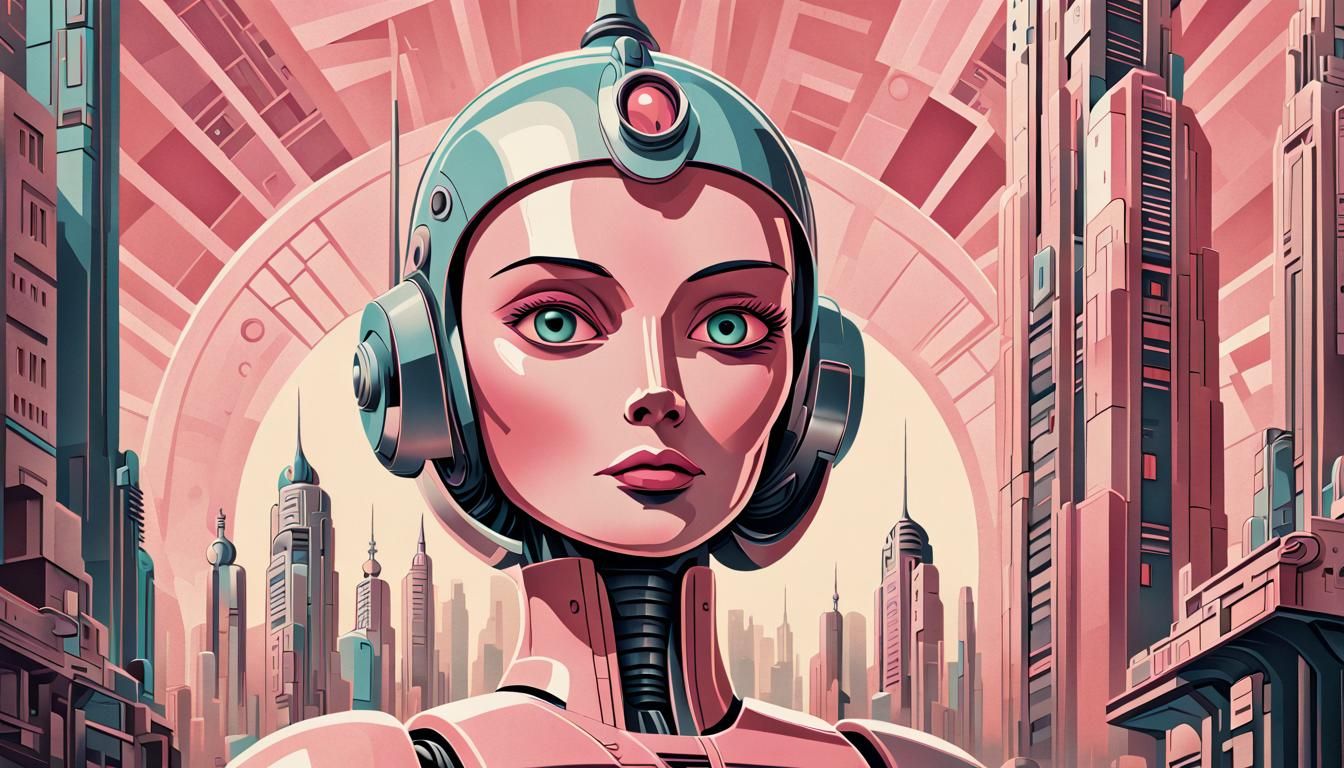 Retro Sci-Fi Film Poster of Maria Robot in Pastel Art Deco