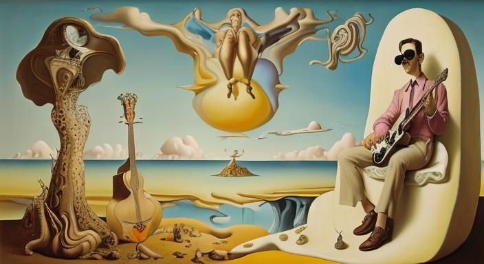 Man in pink sunglasses plays guitar on a cloud, surrealism Salvador Dali matte background melting oil on canvas